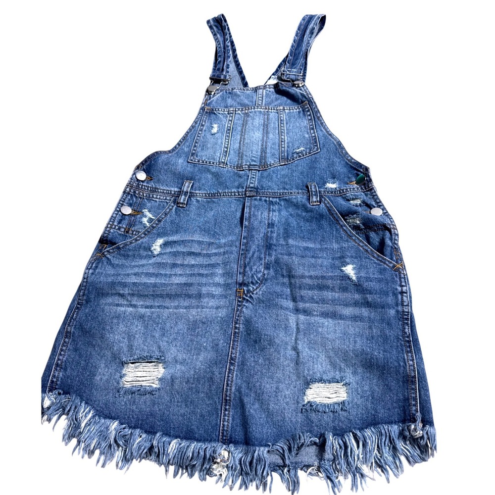 Bluivy Blue 100% Cotton Distressed Denim Overall Dress Womens Size S